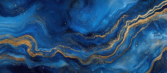 Elegant blue and gold abstract texture featuring shimmering glitter patterns flowing through the canvas creating a festive backdrop for occasions