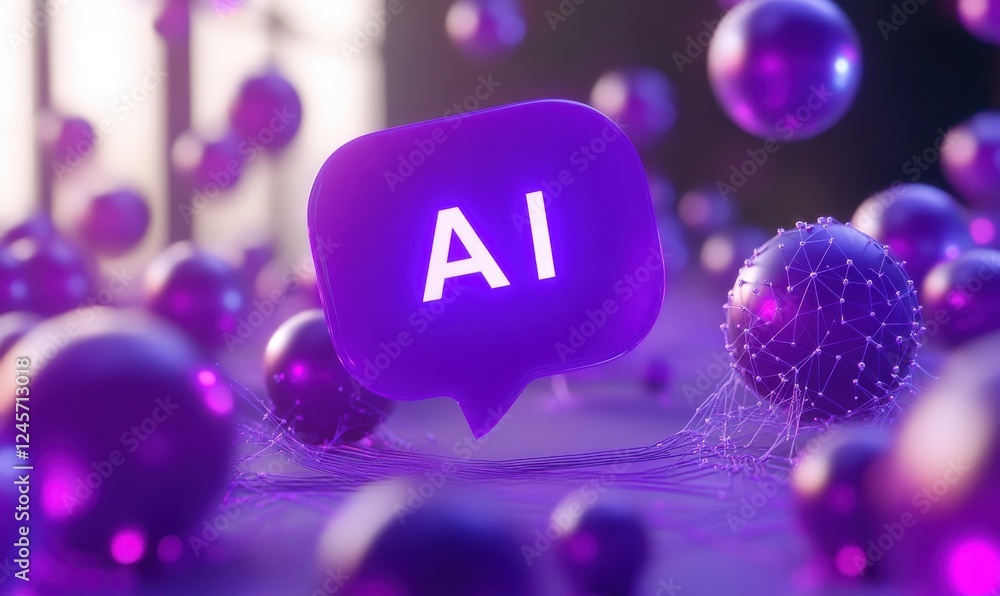 Poster abstract composition featuring glowing ai bubble with purple spheres and digital connections, repres