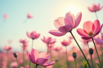 Obraz premium A Field of Delicate Pink Blossoms Bathed in the Warm Glow of the Setting Sun, a Serene and Peaceful Scene