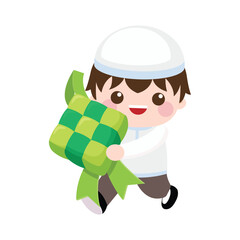 Cute boy with big ketupat Indonesian traditional food