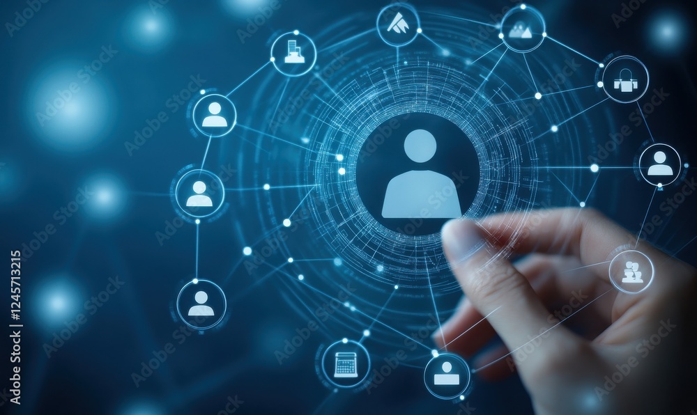 Poster abstract connection of digital networks with human figures, representing communication, technology, 