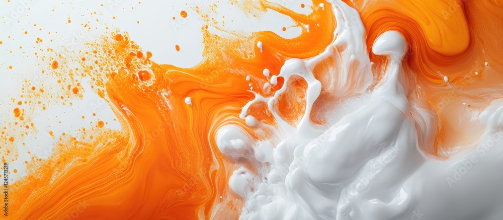 Poster bright orange and white fluid abstract mix with dynamic swirls and shapes creating a captivating vis