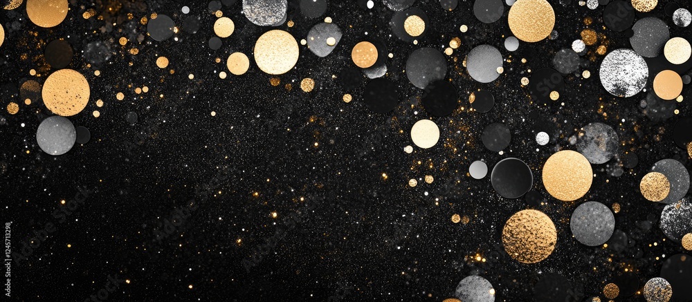 Poster abstract black background adorned with shimmering gold and silver circles creating a luxurious textu