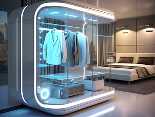 Futuristic Smart Closet with Automated Clothing System in Modern Bedroom