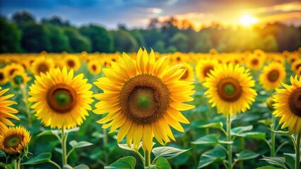 Fototapeta premium Golden Sunflowers Basking in the Warm Glow of a Sunset Over a Lush Green Field