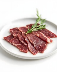 Fototapeta premium Freshly sliced raw meat arranged on a white plate with a sprig of rosemary, ideal for culinary presentations