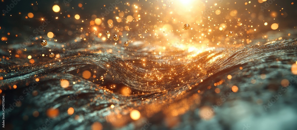 Poster abstract golden and teal waves with sparkling bokeh lights illuminated by a soft glowing light in th