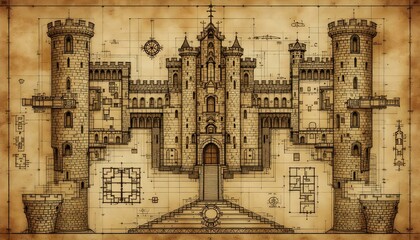 Castle Blueprint Illustration Architectural Design Drawing