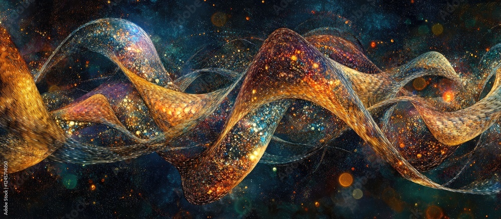 Poster colorful abstract helix line structure intertwined with metallic particles against a dark background