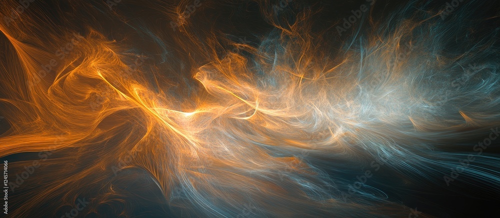 Poster dynamic abstract backdrop with flowing orange and blue light trails creating a vibrant and energetic