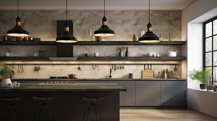 Modern Industrial Kitchen Interior Design with Dark Countertops and Metal Accents