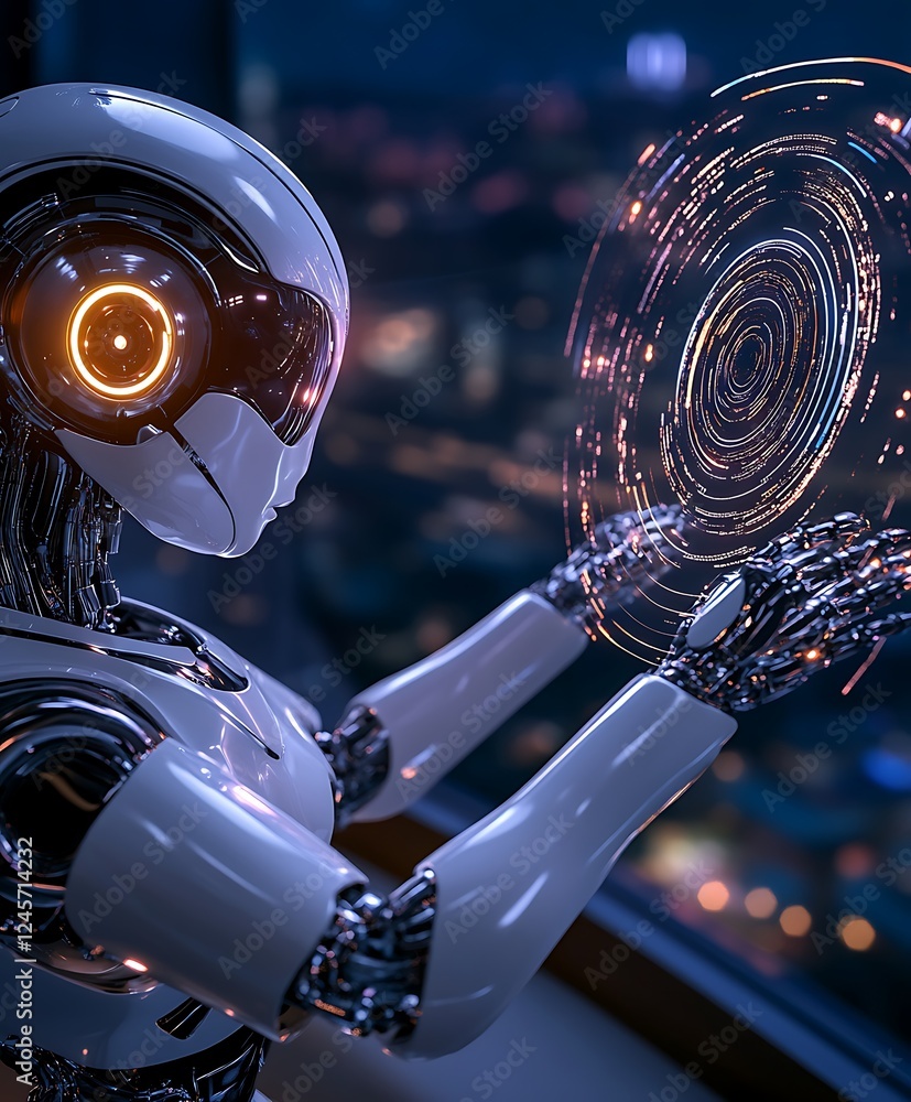 Aufkleber advanced humanoid robot interacting with a digital holographic interface.