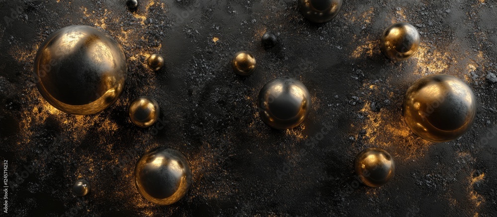 Poster abstract 3d background featuring black textured surface with metallic golden spheres scattered throu
