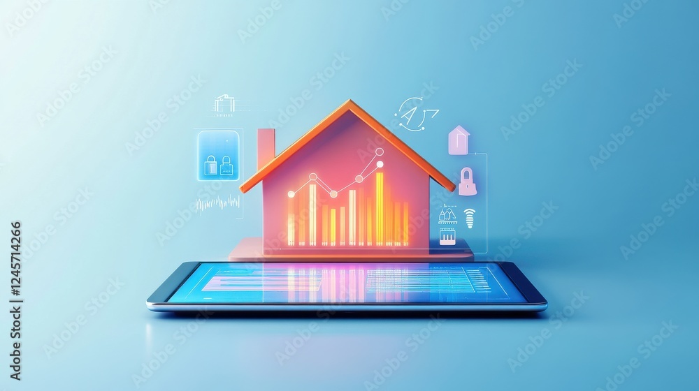 Poster digital home data analysis with charts and security icons