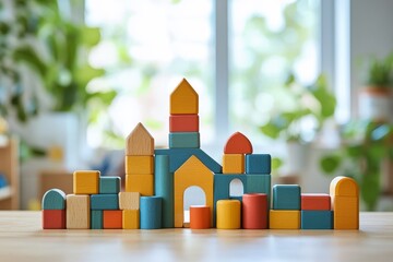 Colorful wooden building block set on table in a bright children's room, emphasizing creativity with varied shapes and colors for kids' play and entertainment.