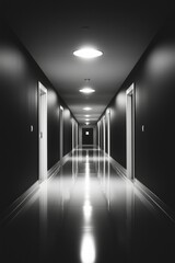 Obraz premium Long Dark Hallway With White Doors and Lights