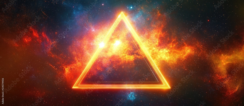 Poster vibrant cosmic background with glowing orange triangle in the center surrounded by colorful nebulas 