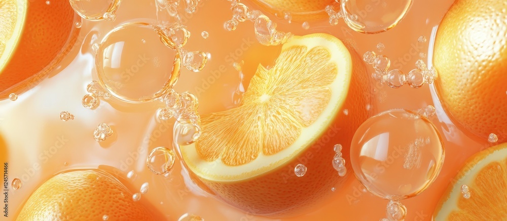 Aufkleber vibrant orange juice background with fresh orange slices and bubbles creating a colorful and refresh