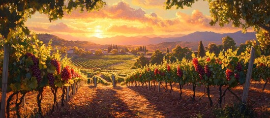 Naklejka premium Vibrant vineyard at sunset with lush green rows and ripe red grapes illuminating the landscape in warm golden hues for a serene harvest scene