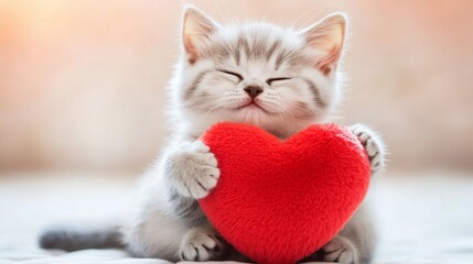 A cute kitten holding a red heart, expressing affection and joy.