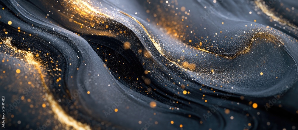 Poster elegant abstract grey texture with flowing gold glitter swirls, dynamic positions creating a luxurio