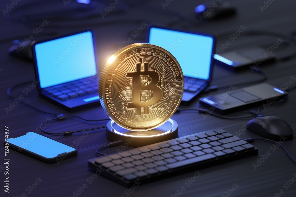 Poster Bitcoin cryptocurrency mining setup with multiple laptops and peripherals.