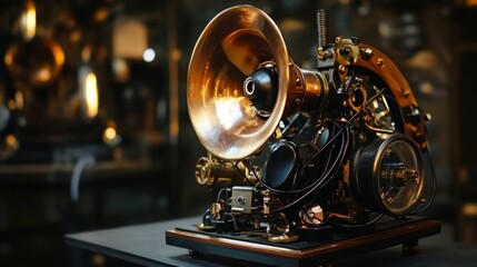 Innovative handmade audio device invention artisan workshop technology showcase industrial environment close-up view unique concept