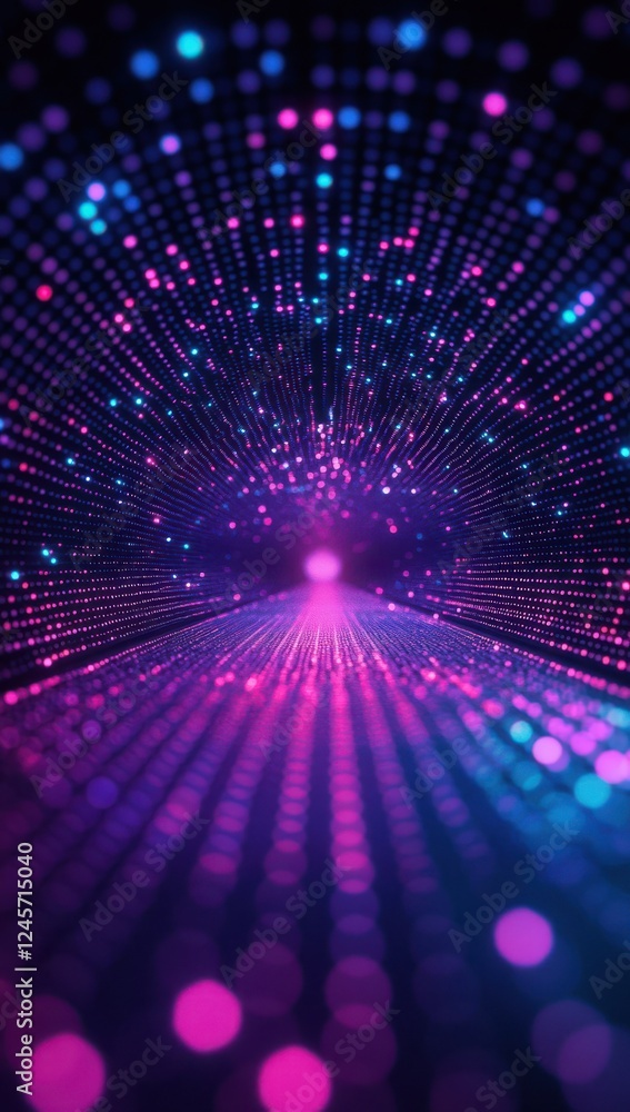 Poster abstract digital background with vibrant dots and glowing lights in pink and blue, creating a futuri