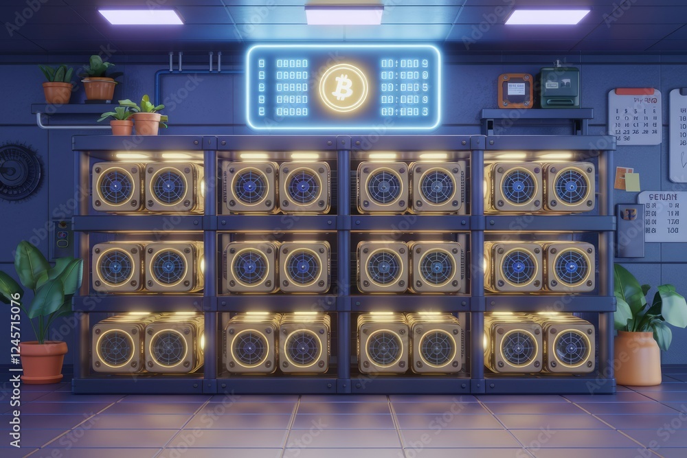 Poster Bitcoin mining farm with multiple powerful ASIC miners generating cryptocurrency.