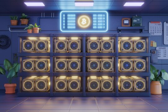 Bitcoin mining farm with multiple powerful ASIC miners generating cryptocurrency.