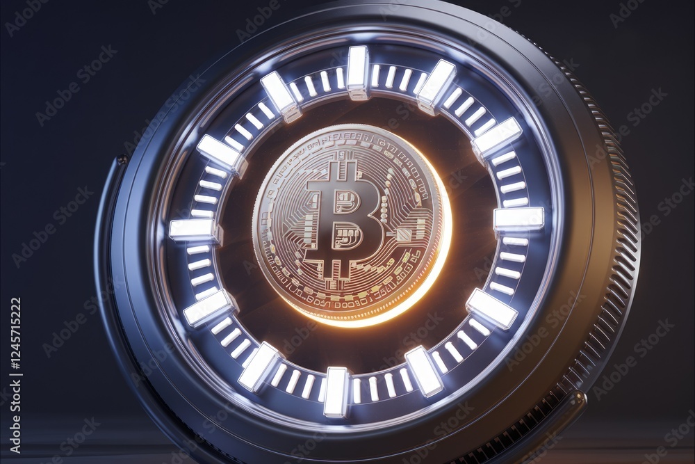 Poster futuristic metallic bitcoin clock showcasing digital currency's secure and timely transactions.