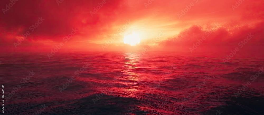Poster vibrant red sunset over calm sea with reflective waves creating an enchanting coastal scene filled w