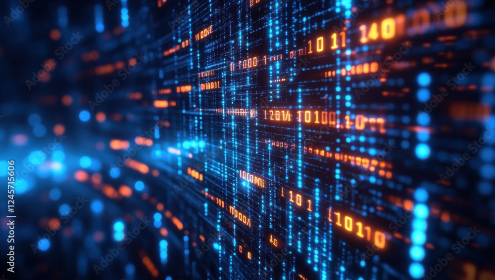 Poster abstract digital data flow with vivid blue and orange elements showcasing binary code and glowing pa