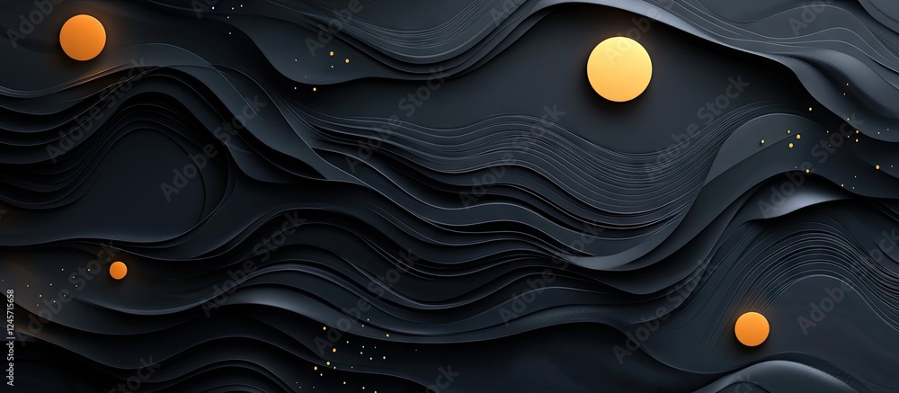 Poster abstract layered black waves with circular orange accents and golden specks, creating a dynamic, tex