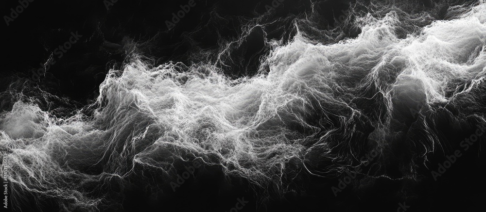 Poster black and white dynamic water waves create intricate patterns across a textured onyx background with