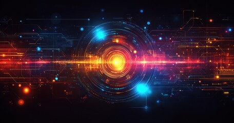 Abstract digital illustration of vibrant energy emanating from a central point with technology-inspired patterns and colorful bursts of light.