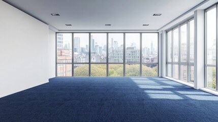 Fototapeta premium Modern open space office interior with large windows overlooking the city, featuring a blank wall for mockup, blue carpet, and contemporary furniture. Concept of coworking space.