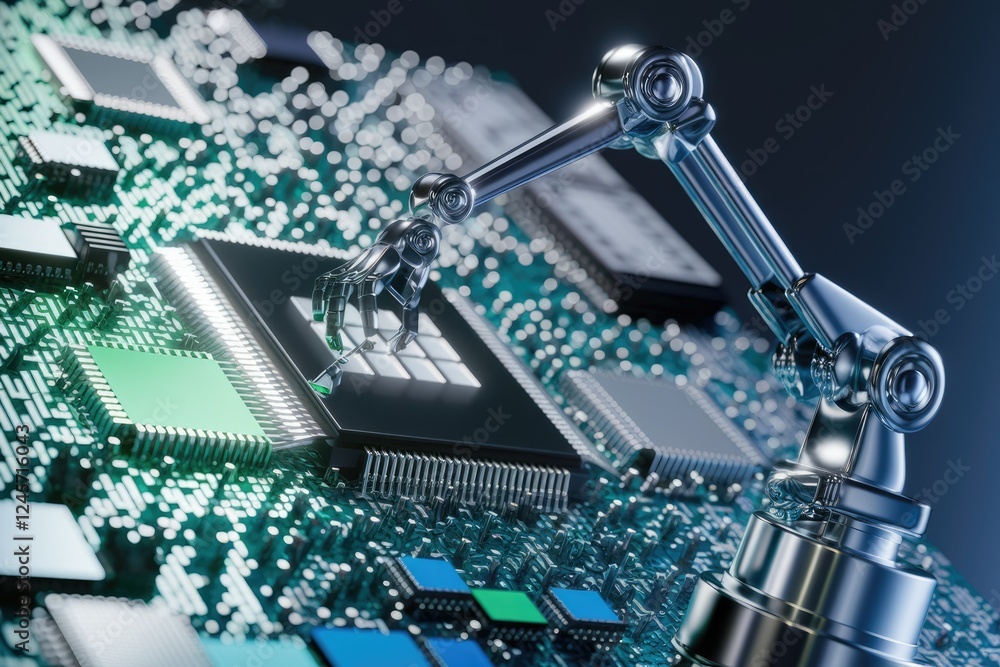 Poster A robotic arm interacts with a complex circuit board, showcasing advanced technology and automation in electronics manufacturing.