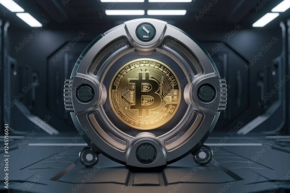 Poster futuristic bitcoin vault, secured and protected in a high-tech environment.