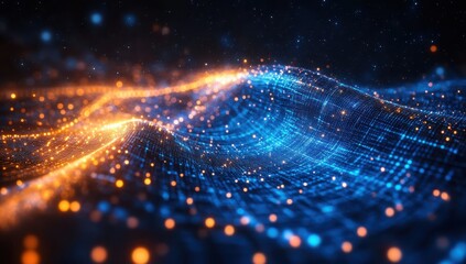 Obraz premium Abstract digital landscape with shimmering particles in blue and orange hues against a dark background illuminating modern technology and innovation themes