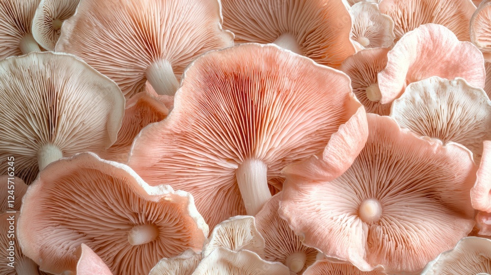 Poster intricate layers of pale pink mushrooms flourish in a lush forest, showcasing their unique textures 
