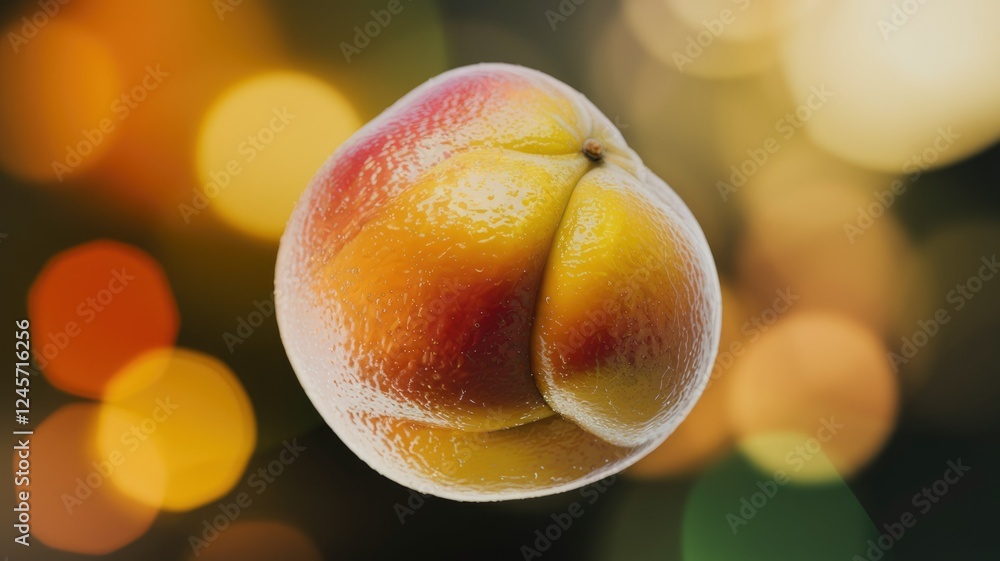 Poster a single, ripe peach with a fuzzy skin, captured against a bokeh background of warm, blurred lights.