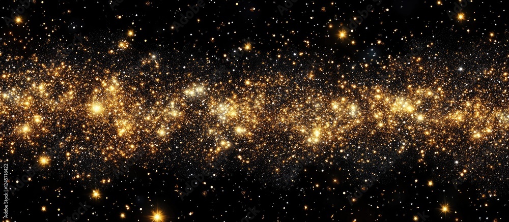 Poster glittering gold particles shimmer in a captivating horizontal formation against a deep black backgro