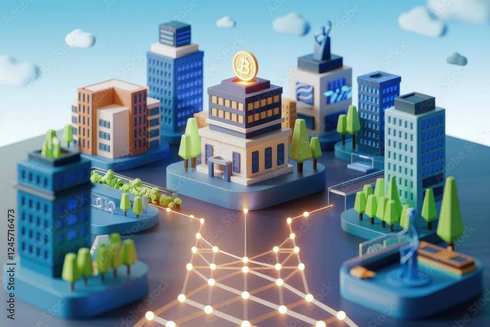 Poster bitcoin-centric city model showcases cryptocurrency's integration into urban infrastructure and inte
