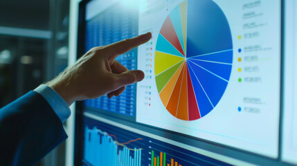 A business professional points at a colorful pie chart on a digital screen, analyzing data trends in a modern office environment.