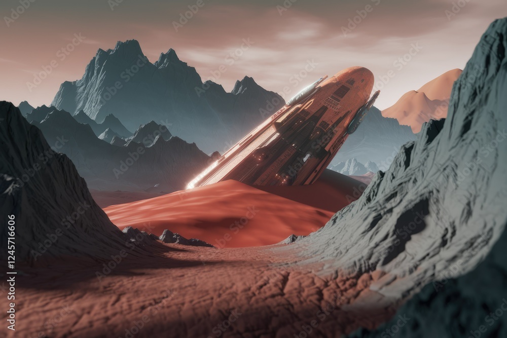 Poster a crashed spaceship rests on a red alien planet, surrounded by rugged mountains under a dusky sky.