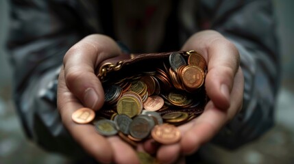 A close-up of hands holding a wallet overflowing with coins, symbolizing wealth and financial abundance.