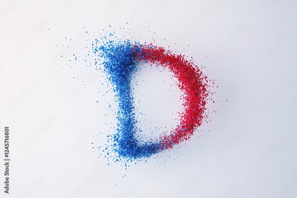 Poster dynamic red and blue particle burst: abstract design element, forming the shape of a stylized d logo