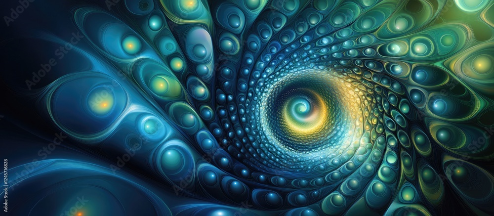 Poster dynamic swirling particles in blue and green create a captivating abstract design with a spiral moti