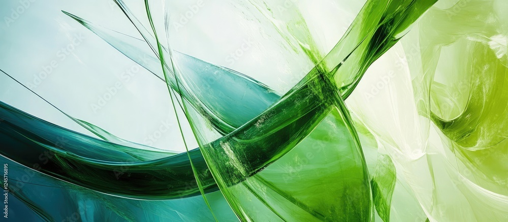 Poster abstract composition with flowing green and white shapes blending seamlessly; features soft gradient